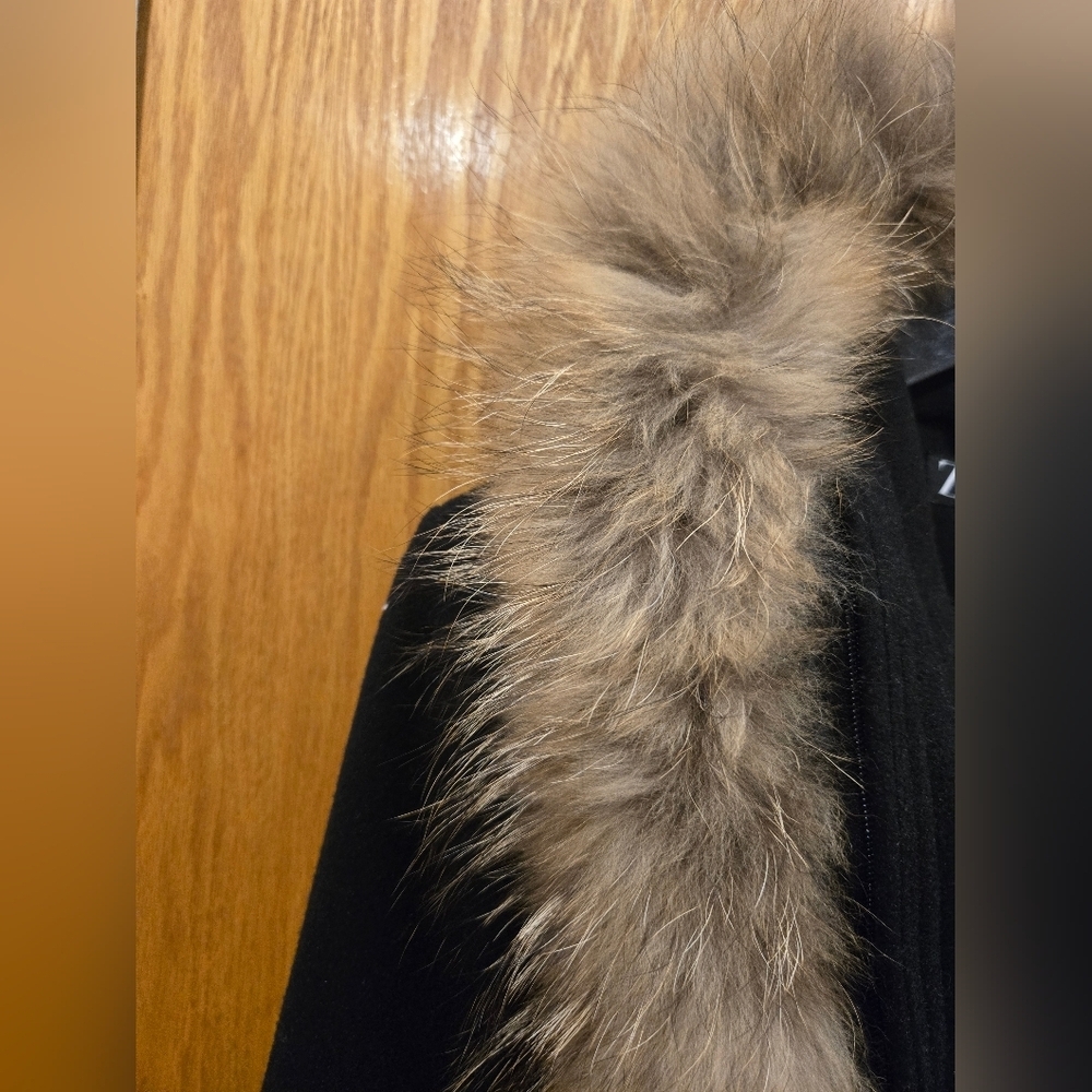 Zara Women's Black Trench Coat with Tan Real Fur Sz M - Picture 3 of 7
